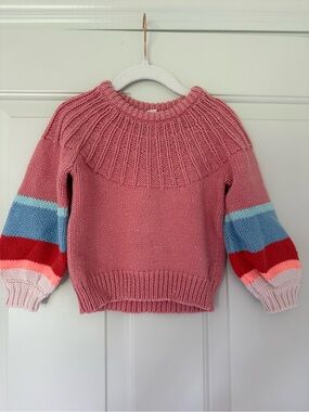 Crewcuts Pink Sweater with Multicolor Striped Bubble Sleeves